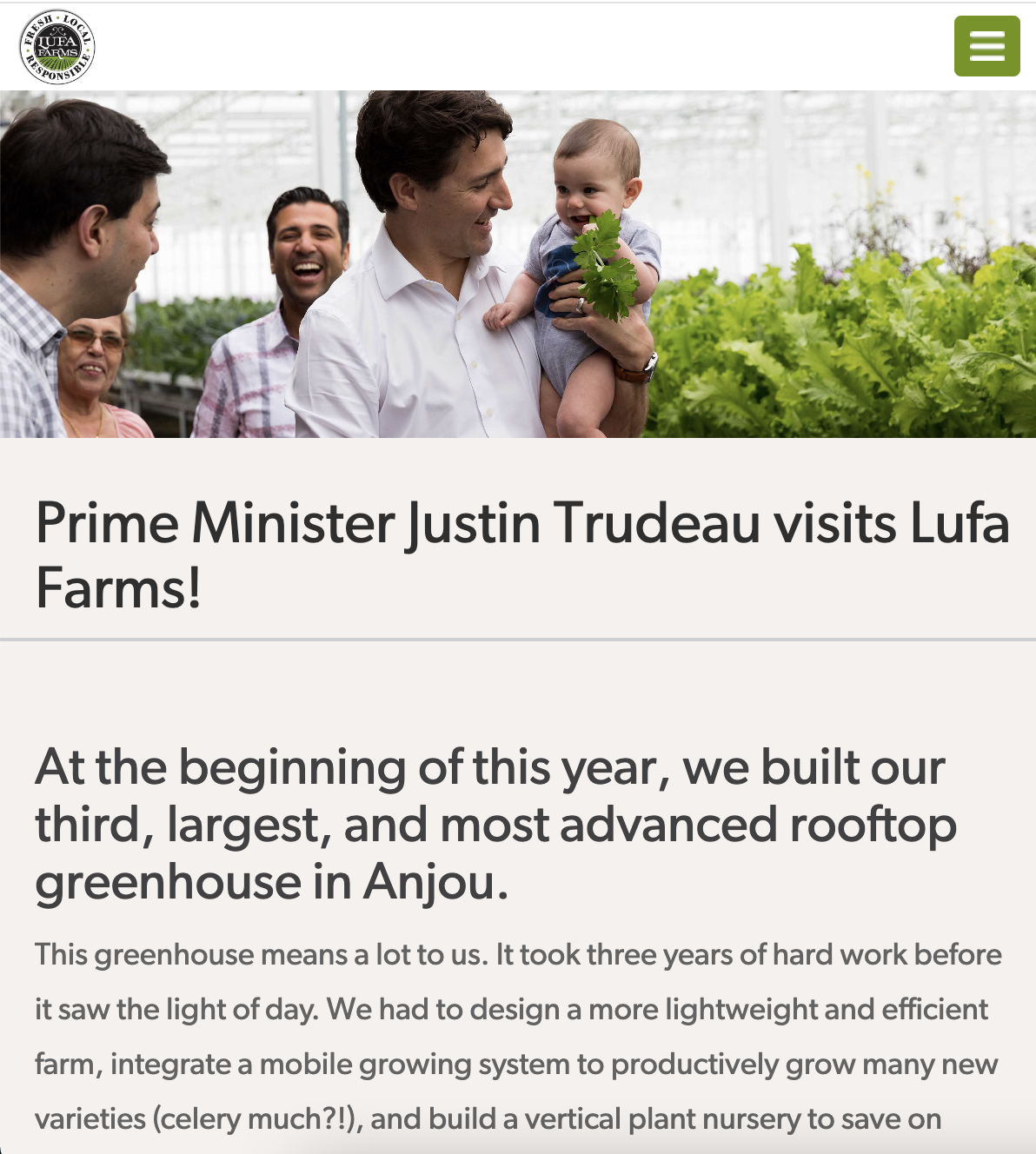 Screenshot of a Lufa Farms blog post - Just Trudeau visits Lufa Farms Montreal QC Canada